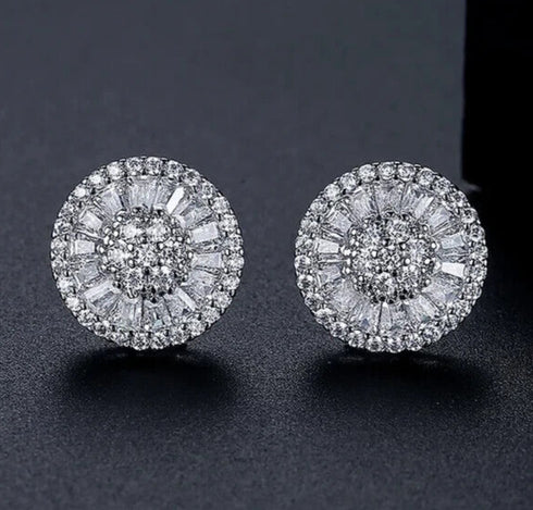 Baguette 18K White Gold Plated Round Cut Cubic Zircon Men Women Cluster Earrings